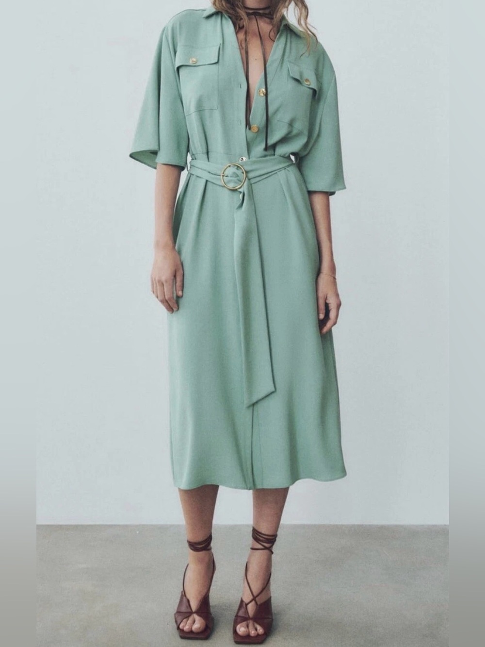 Zara sea-foam Mint Green Button-Front Shirtdress with Belt S